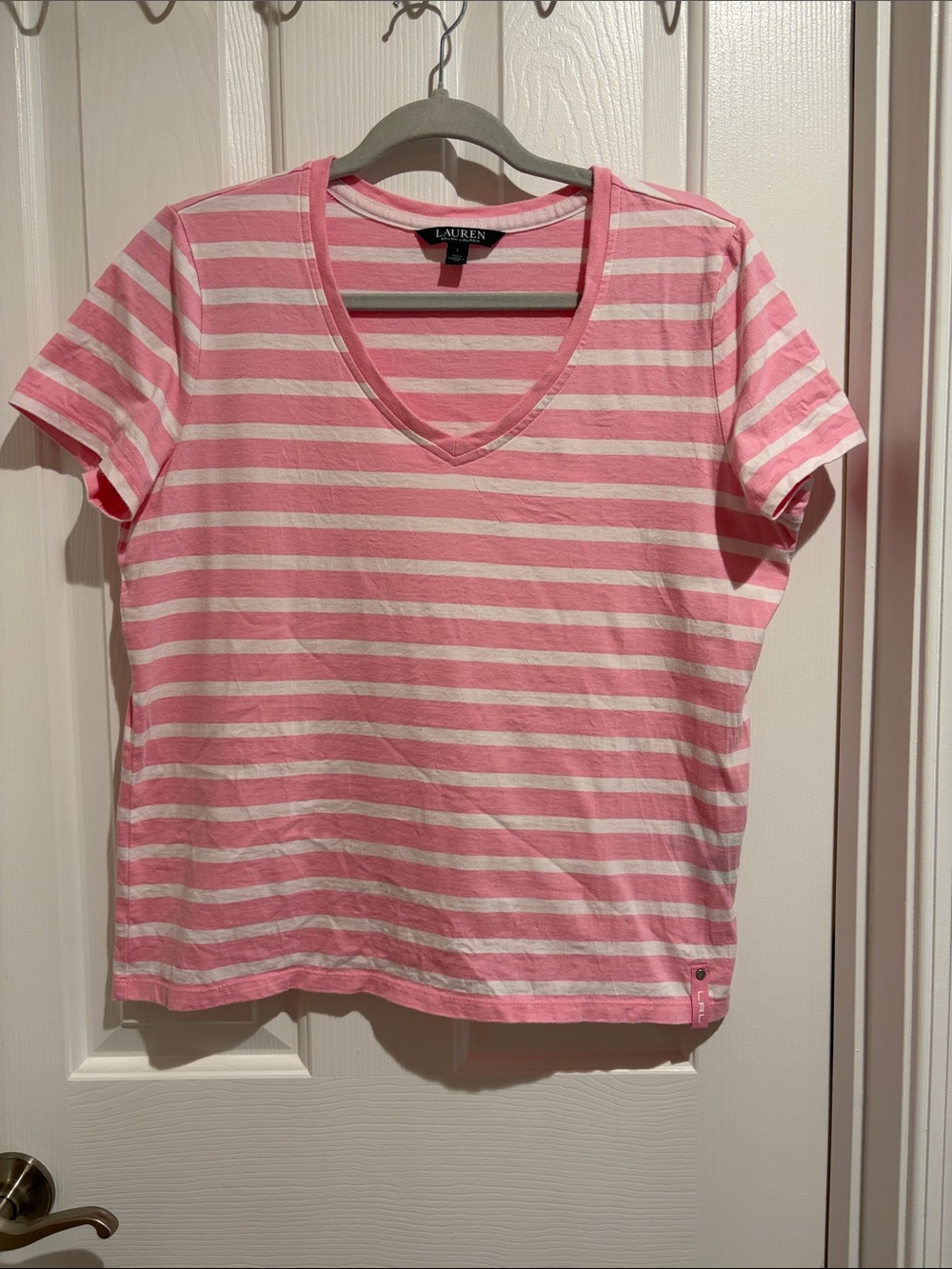 Lauren Ralph Lauren Pink & White Striped V-Neck Short Sleeve Tee